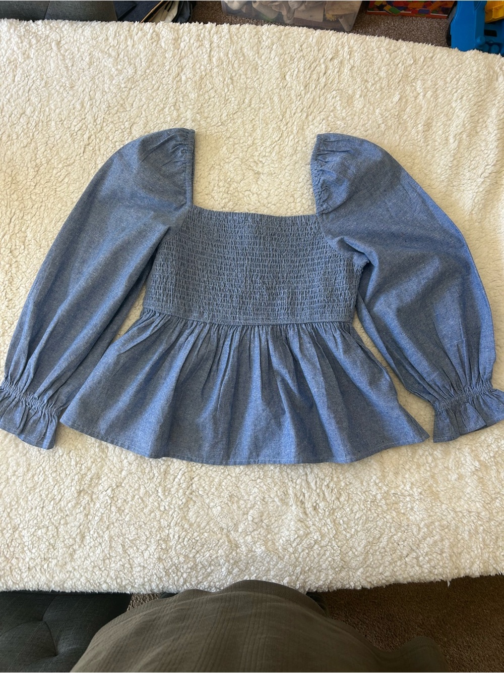 Smocked Square-Neck Peplum Blouse in Light Blue
